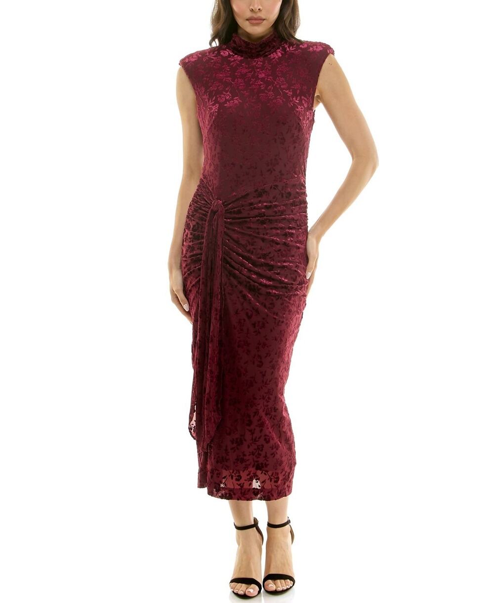 Taylor Burnout Velvet Faux Wrap Midi Dress Womens Size 14 Burgundy Floral NWT